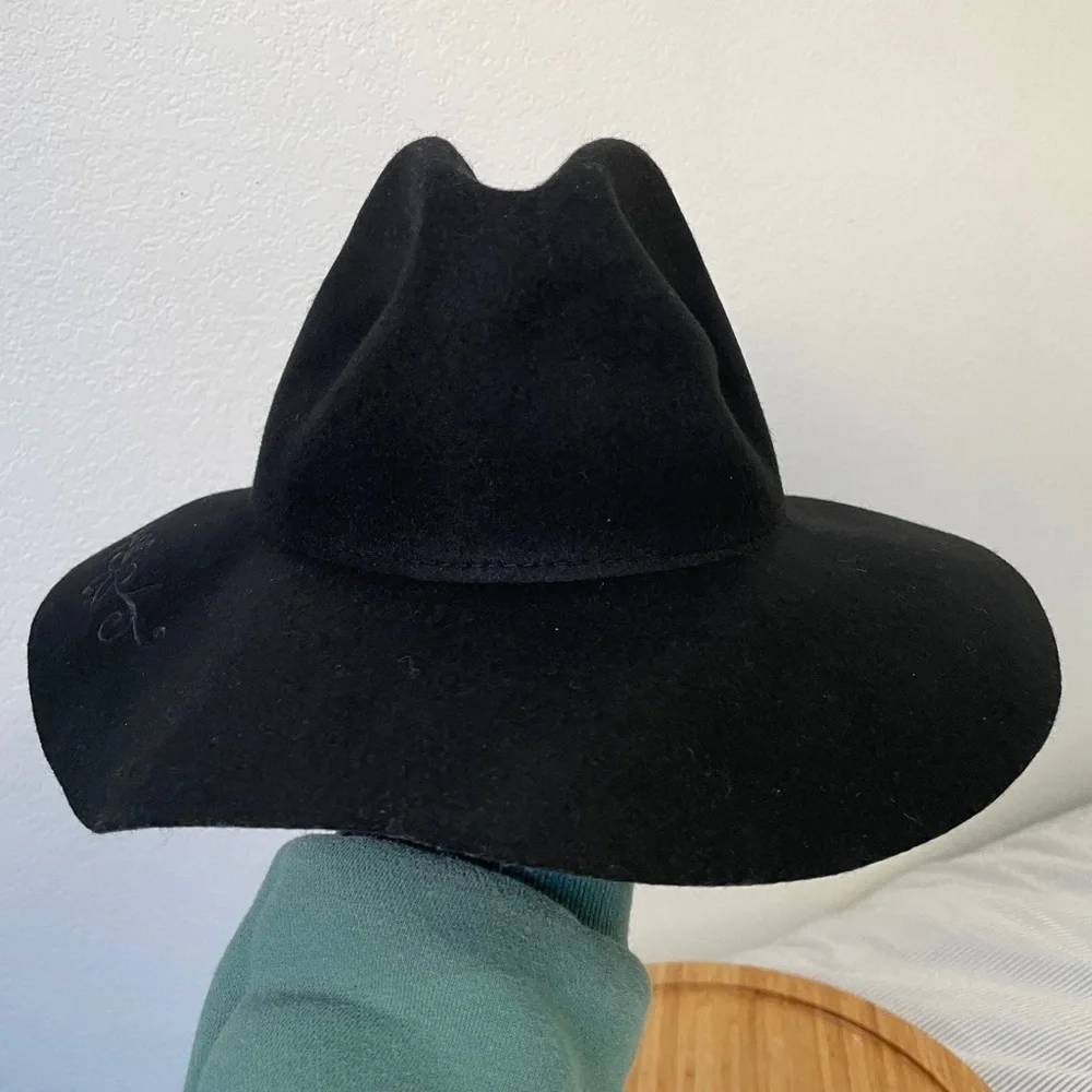 TIRABASSO NWOT 100% Wool Black Wide Brim Hat with Floral Detail, OS